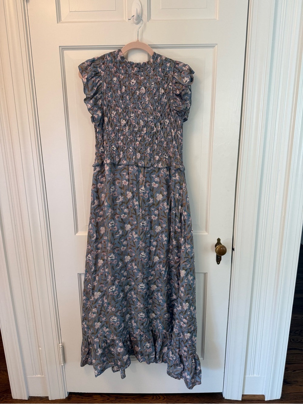 Smocked Floral Maxi Dress in Dusty Blue - Picture 1 of 5
